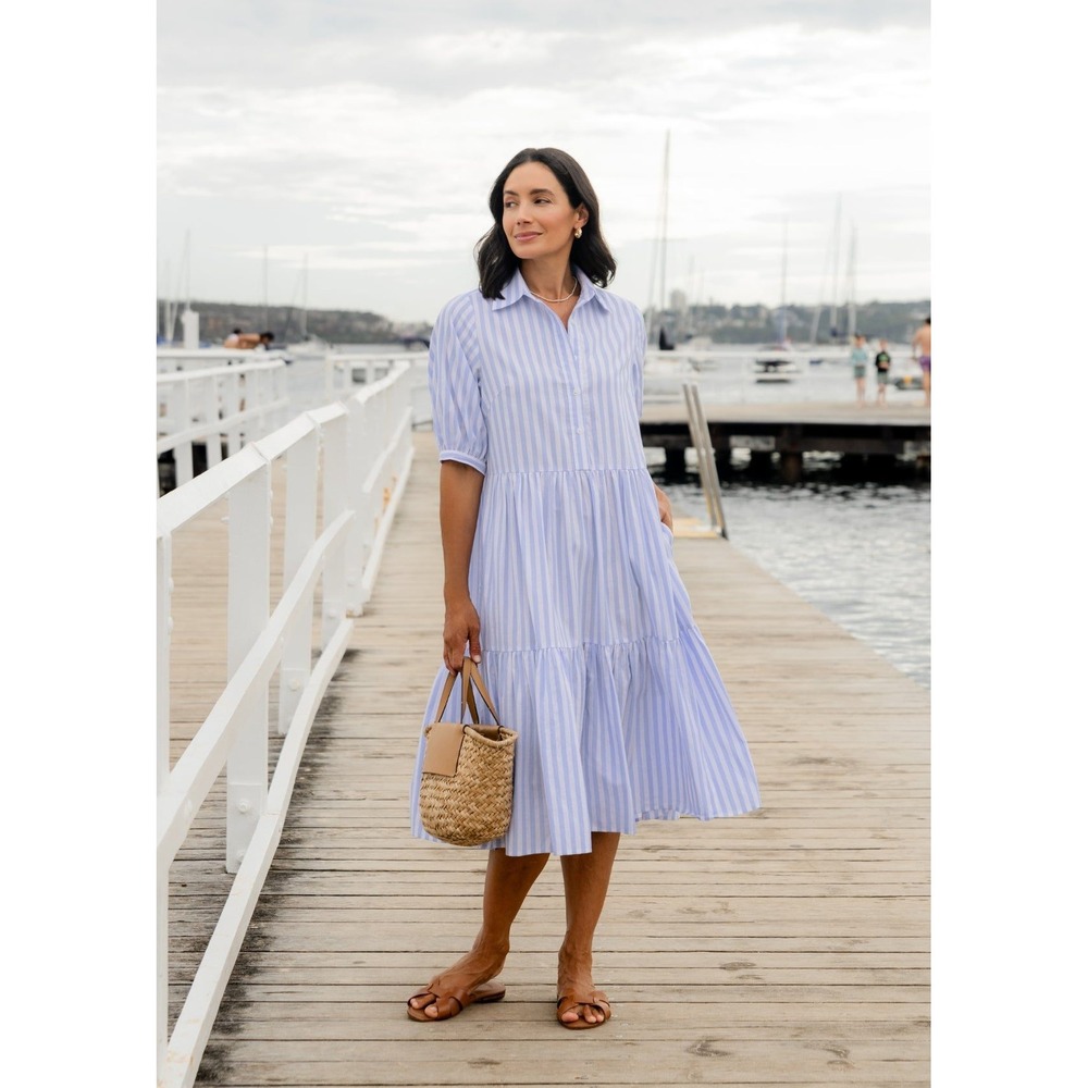MAYE Women Blue White Striped Tiered Midi Shirt Dress Cotton 3XL